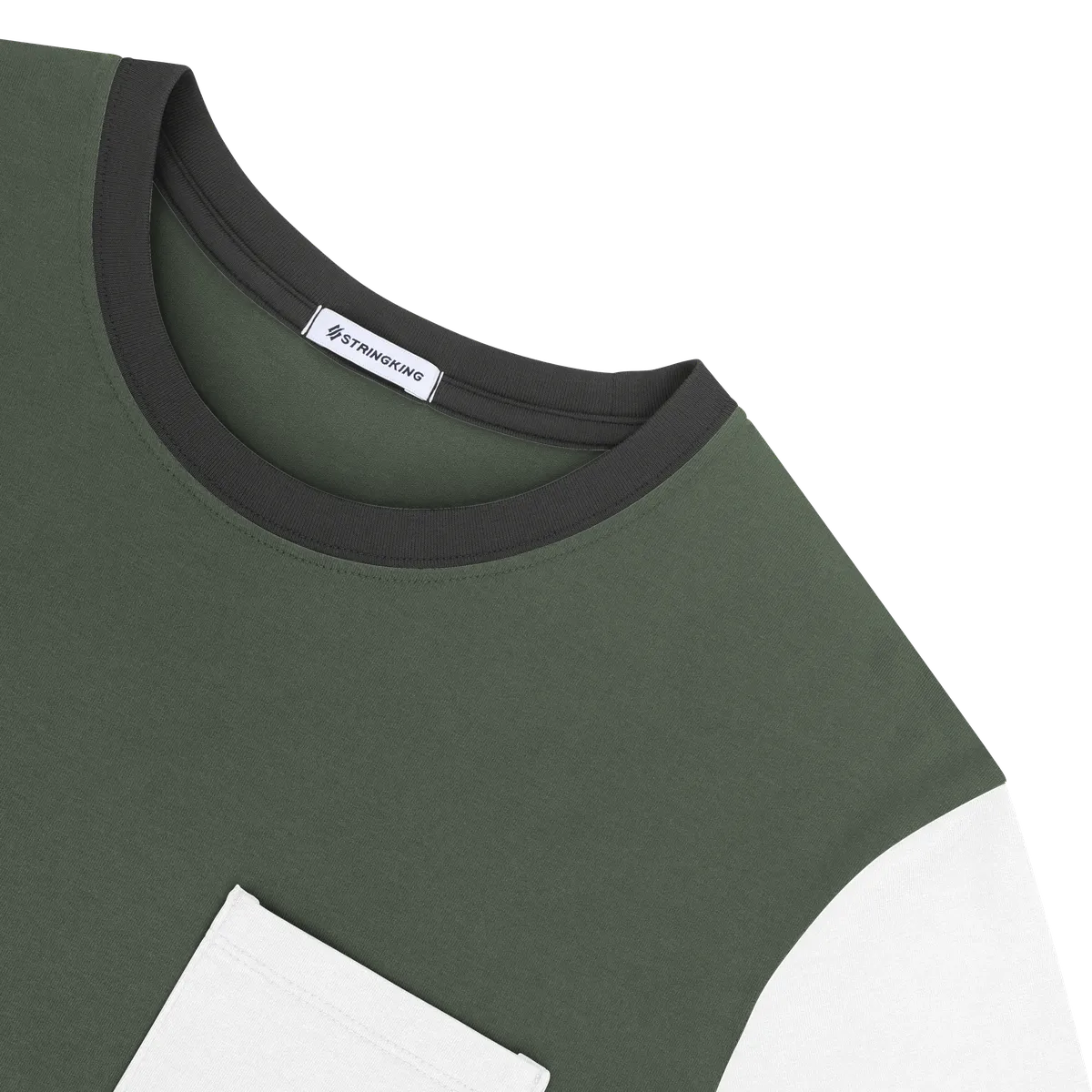 StringKing Men's Pima Jersey Pocket Tee Multi - Relaxed Fit, Moss Main, White Sleeves, Black Cuffs, Detail