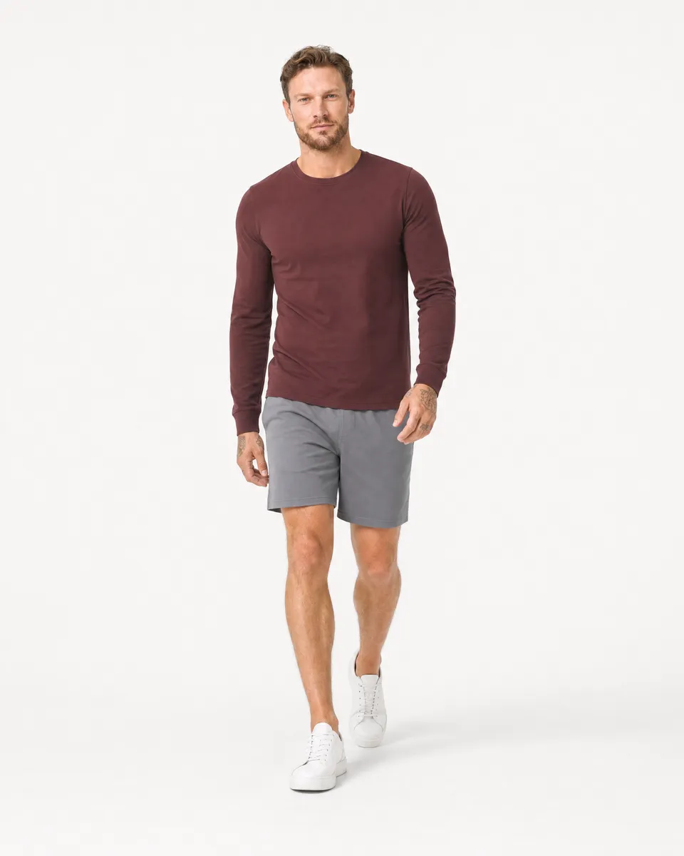 StringKing Men's Pima Jersey Long Sleeve Tee - Sharp Fit, New Maroon, Full Front Angle - Human Model