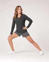 StringKing Women's Pima Jersey Long Sleeve V-Neck Tee - Sharp Fit, Peat, Full Front Angle - Human Model