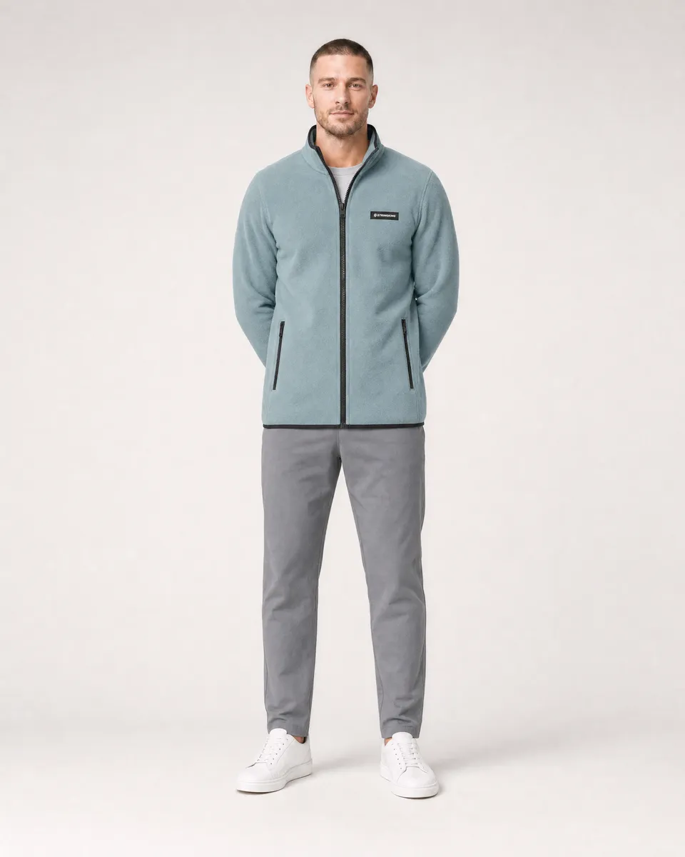 StringKing Men's Polartec Fleece Full Zip with Pockets - Relaxed Fit, Slate, Collar Shoulder - Human Model