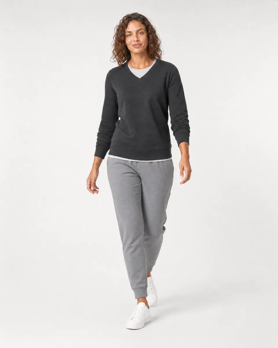 StringKing Women's Pima Terry V-Neck Sweater - Sharp Fit, Black, Full Front Angle - Human Model