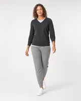 StringKing Women's Pima Terry V-Neck Sweater - Sharp Fit, Black, Full Front Angle - Human Model