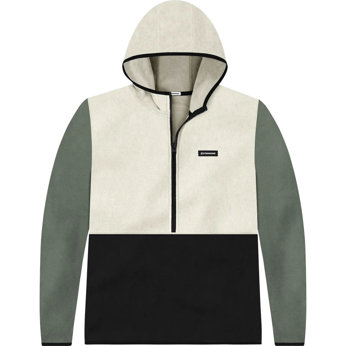 StringKing Men's Polartec Half Zip Hoodie - Relaxed Fit, Jet Stream Top, Meteorite Bottom, Avenue Green Sleeves, Black Trim, Front