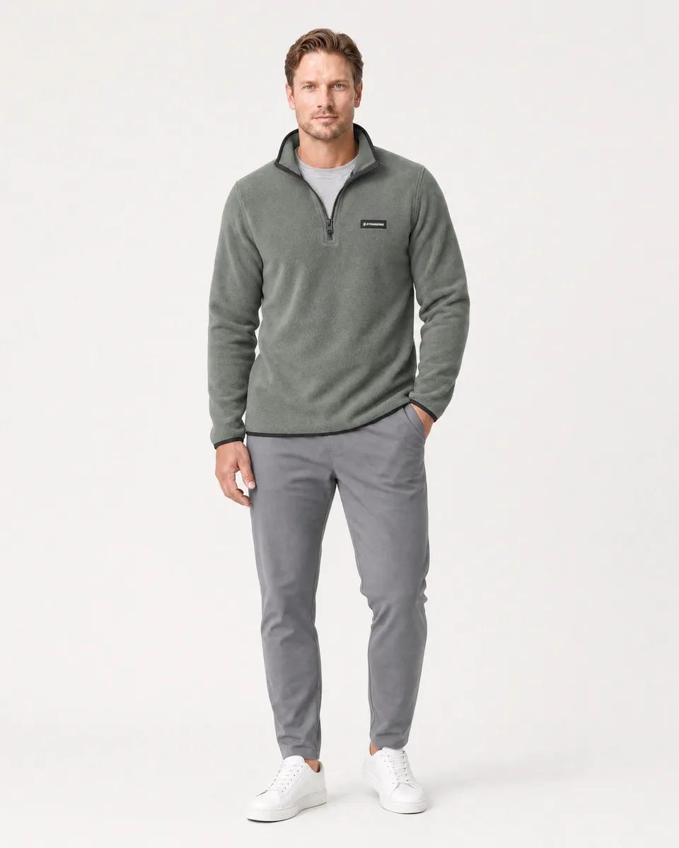 StringKing Men's Polartec Fleece Quarter Zip - Sharp Fit, Avenue Green, Full Front - Human Model - Top of head to Knees