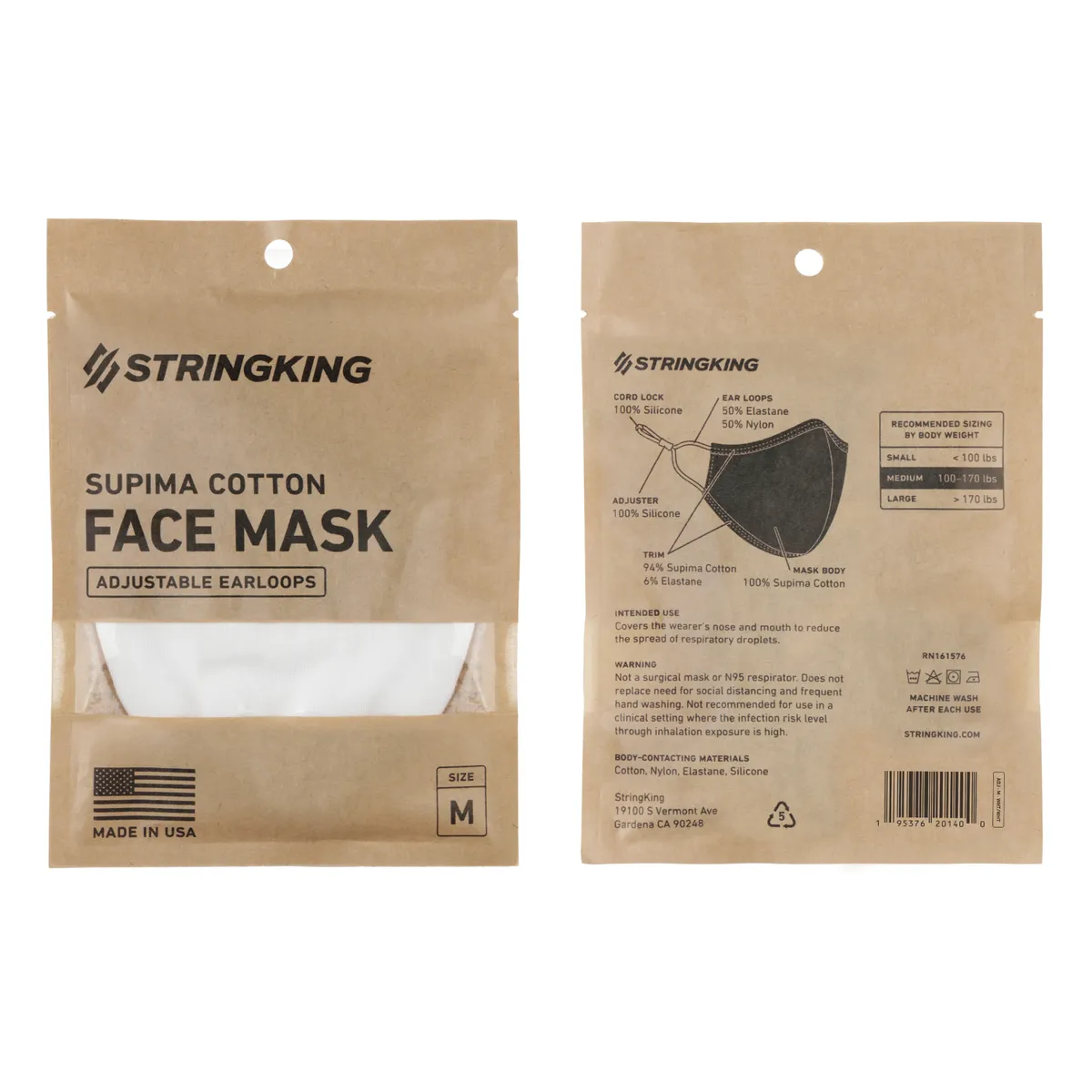 StringKing Cloth Face Mask - Adjustable, Single, Medium, White, Front, Back