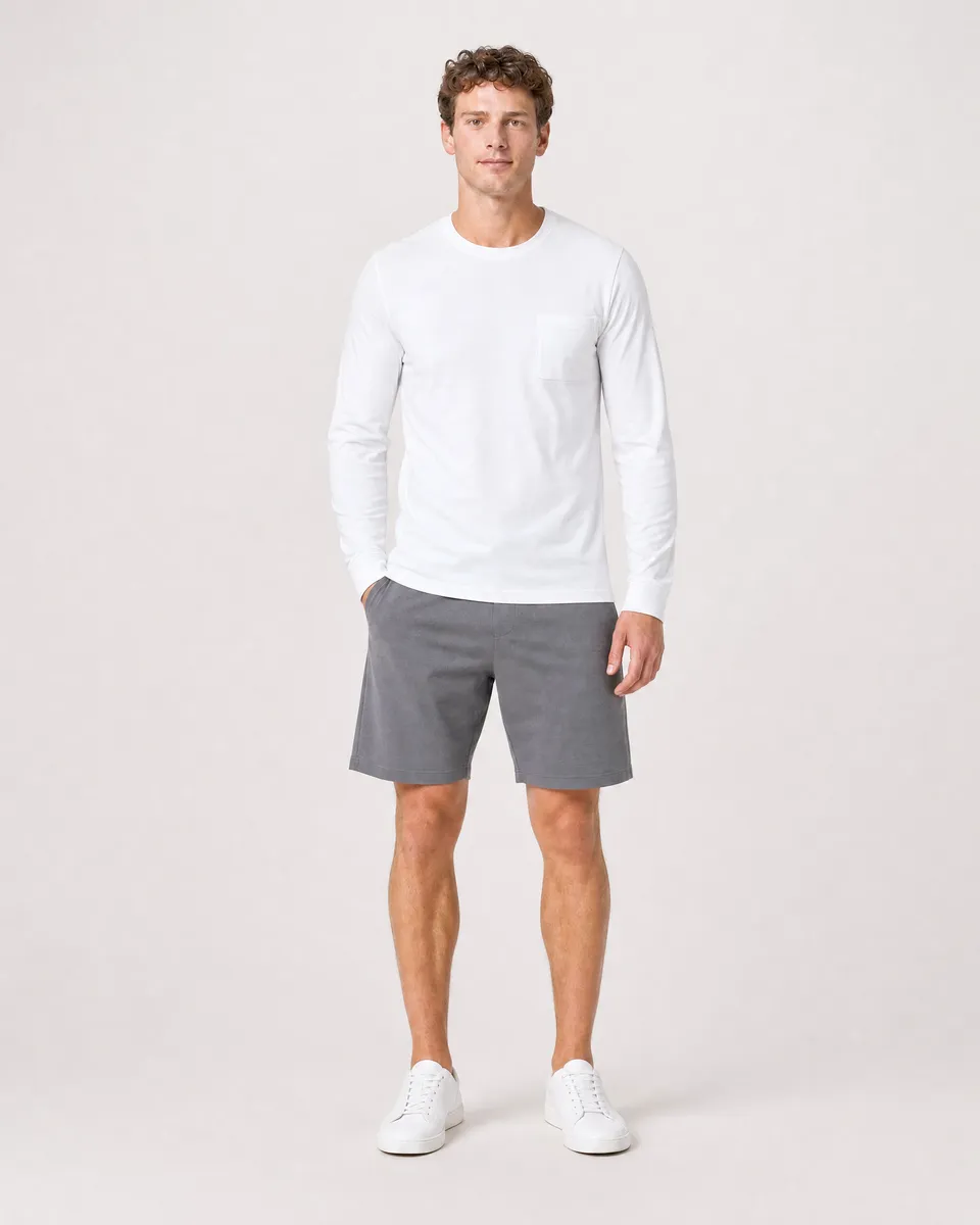 StringKing Men's Pima Jersey Long Sleeve Pocket Tee - Sharp Fit, White, Full Front - Human Model - Top of head to Knees