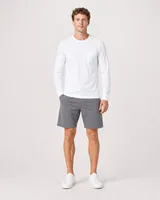 StringKing Men's Pima Jersey Long Sleeve Pocket Tee - Sharp Fit, White, Full Front - Human Model - Top of head to Knees