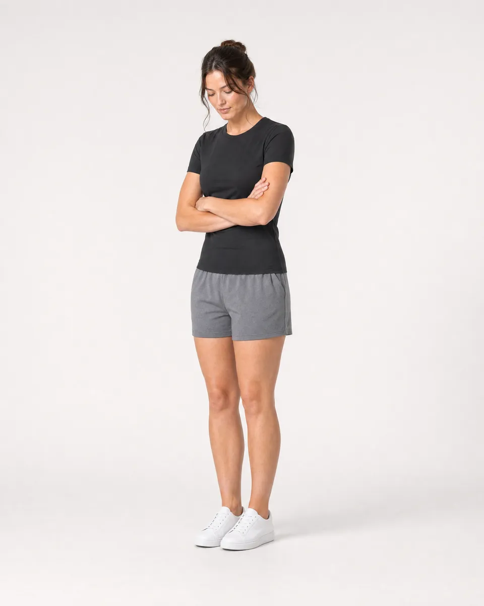 StringKing Women's Pima Jersey Tee - Sharp Fit, Black, Full Front Angle - Human Model
