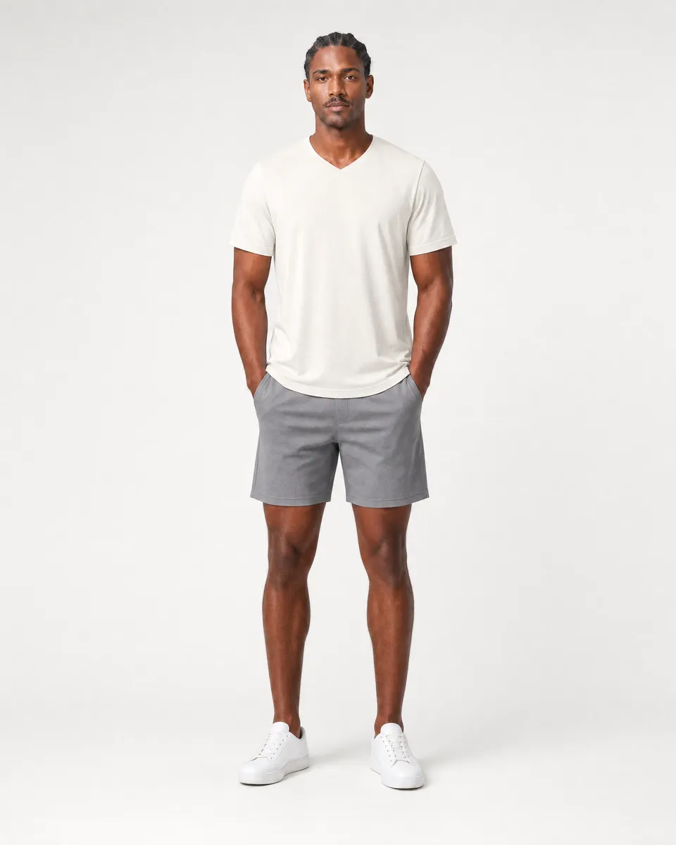 StringKing Men's Pima Jersey V-Neck Tee - Relaxed Fit, Tofu, Full Front - Human Model