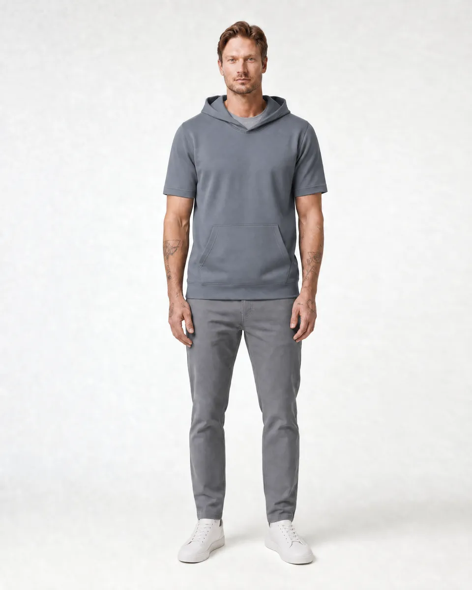 StringKing Men's Pima Terry Short Sleeve Hoodie - Sharp Fit, Tradewinds, Full Front - Human Model - Top of head to Knees