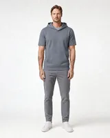 StringKing Men's Pima Terry Short Sleeve Hoodie - Sharp Fit, Tradewinds, Full Front - Human Model - Top of head to Knees