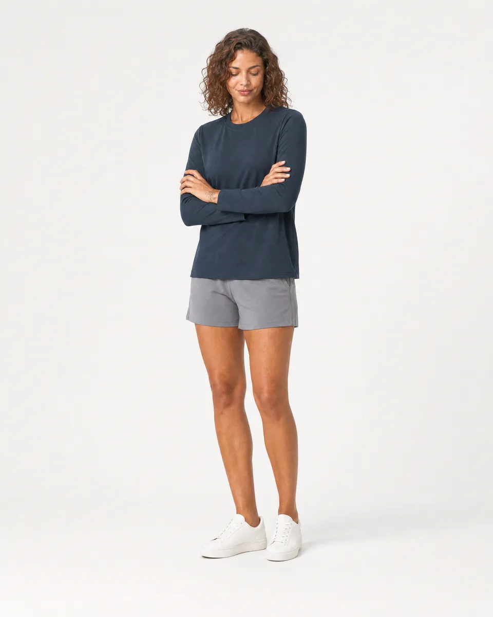 StringKing Women's Pima Terry Long Sleeve Tee - Relaxed Fit, Navy, Full Front Angle - Human Model