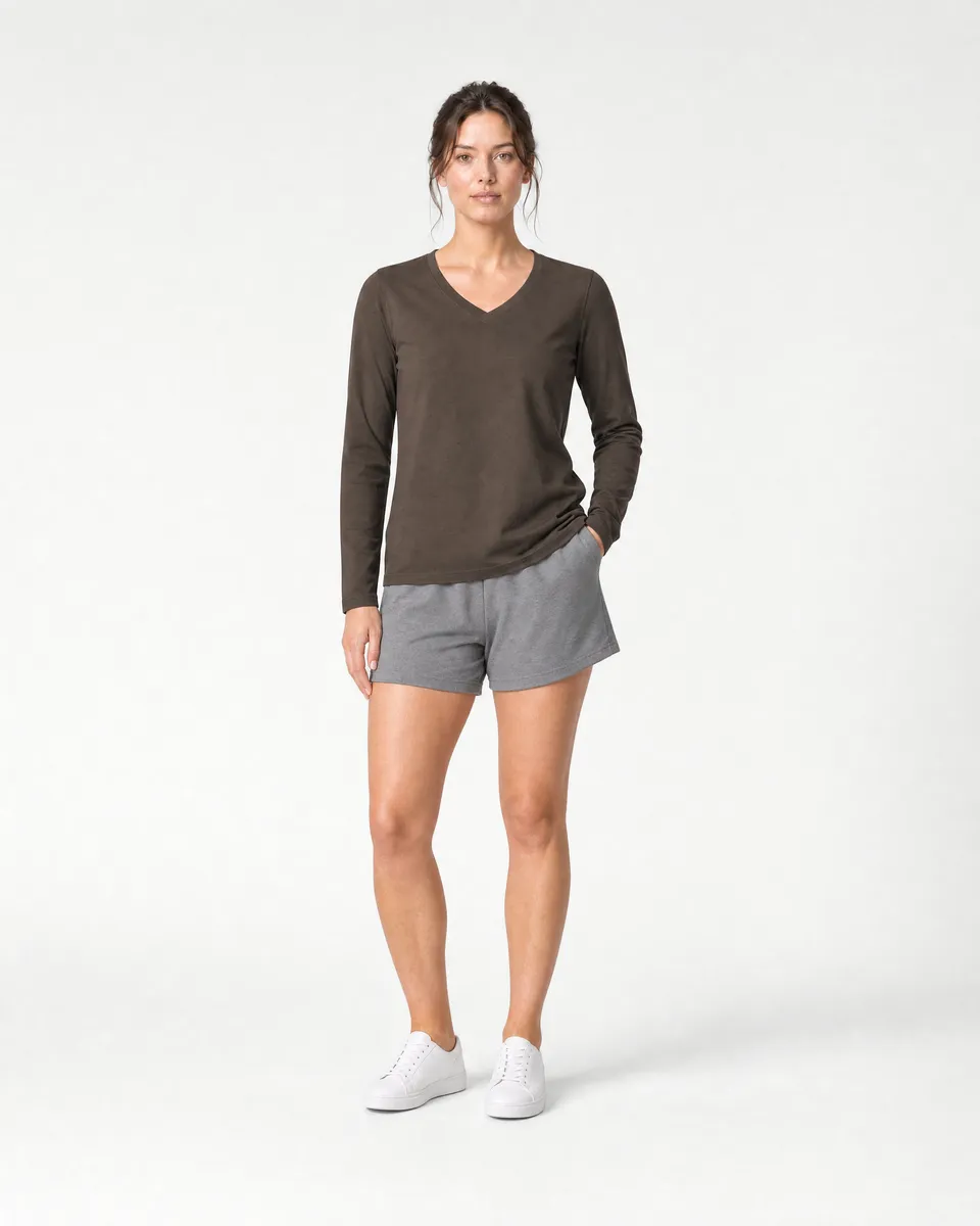 StringKing Women's Pima Jersey Long Sleeve V-Neck Tee - Relaxed Fit, Wren, Full Front - Human Model