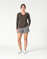 StringKing Women's Pima Jersey Long Sleeve V-Neck Tee - Relaxed Fit, Wren, Full Front - Human Model