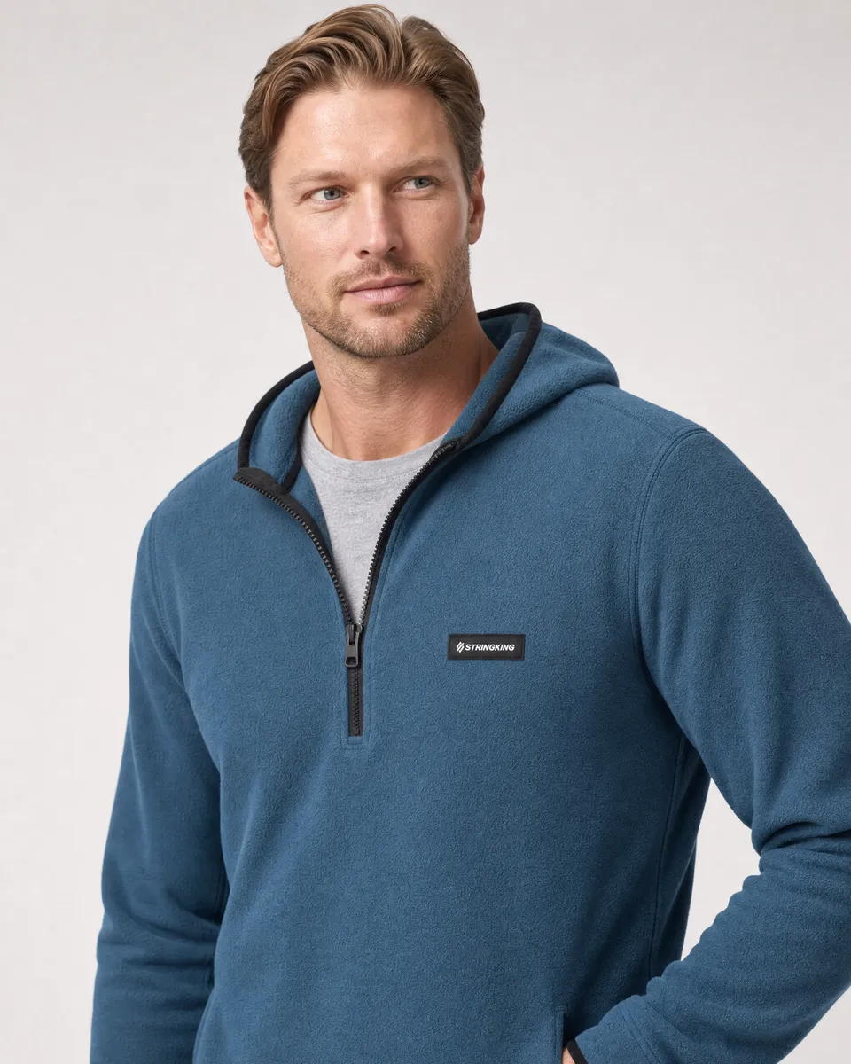 StringKing Men's Polartec Fleece Quarter Zip Hoodie with Pockets - Sharp Fit, Indian Teal, Collar Shoulder - Human Model