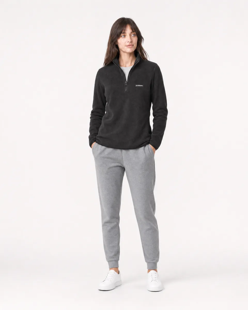 StringKing Women's Polartec Fleece Quarter Zip - Sharp Fit, Meteorite, Full Front - Human Model - Top of head to Knees