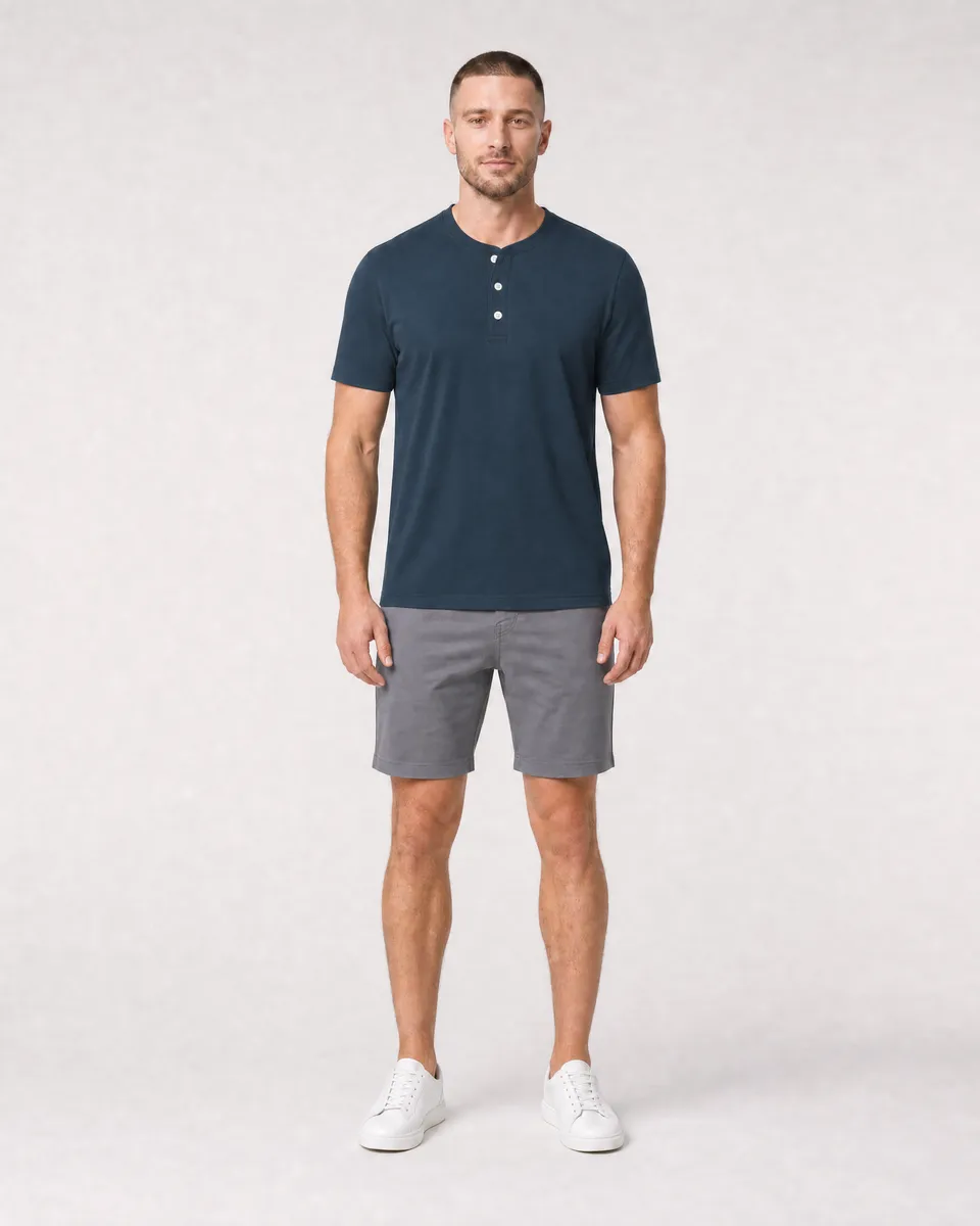 StringKing Men's Pima Jersey Short Sleeve Henley - Sharp Fit, Navy, Full Front - Human Model