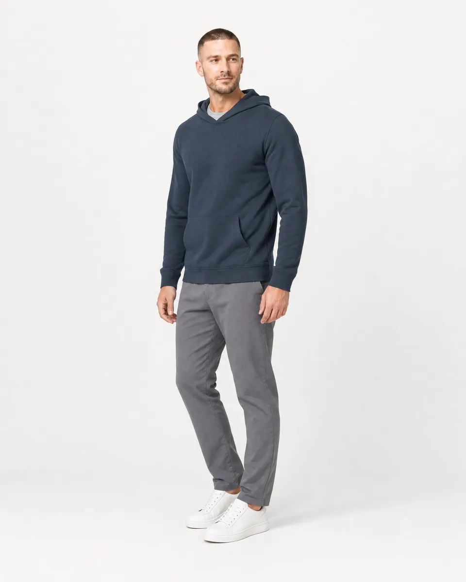 StringKing Men's Pima Terry Hoodie - Sharp Fit, Navy, Full Front Angle - Human Model
