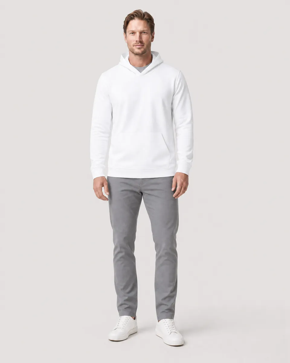 StringKing Men's StayWarm Hoodie - Sharp Fit, White, Full Front - Human Model - Top of head to Knees