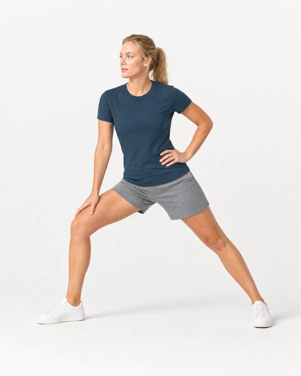 StringKing Women's Pima Jersey Tee - Sharp Fit, Navy, Full Front Angle - Human Model