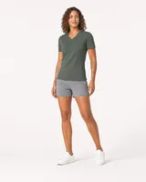 StringKing Women's Pima Terry V-Neck Tee - Sharp Fit, Moss, Full Front Angle - Human Model