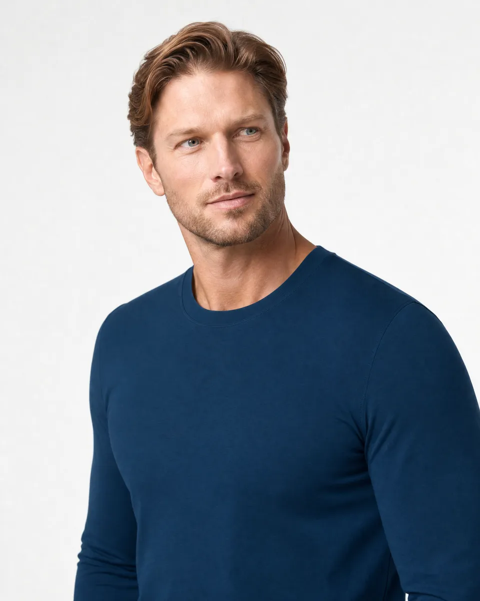 StringKing Men's StayWarm Long Sleeve Tee - Sharp Fit, Navy Blue, Collar Shoulder - Human Model