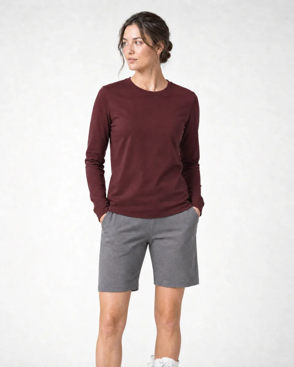 StringKing Women's Pima Jersey Long Sleeve Tee - Sharp Fit, New Maroon, Full Front - Human Model - Top of head to Knees