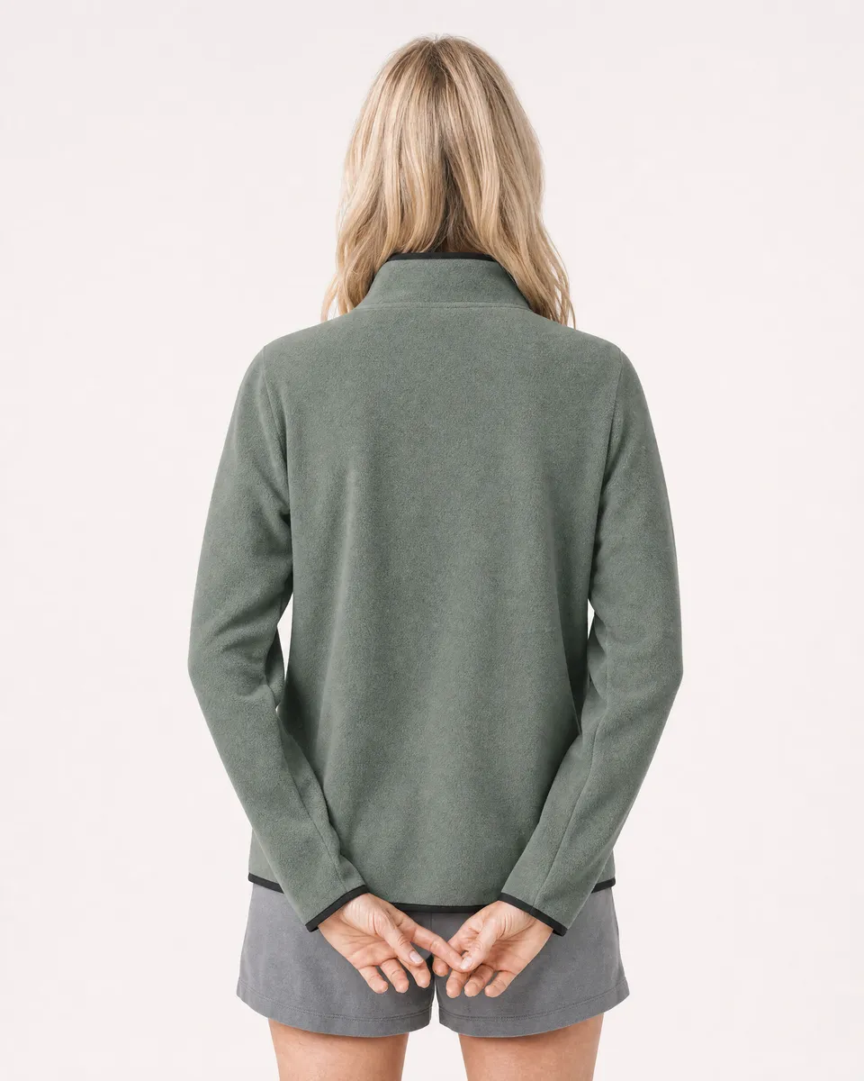 StringKing Women's Polartec Fleece Quarter Zip with Pockets - Relaxed Fit, Avenue Green, Full Back - Human Model - Top of head to Mid-thigh