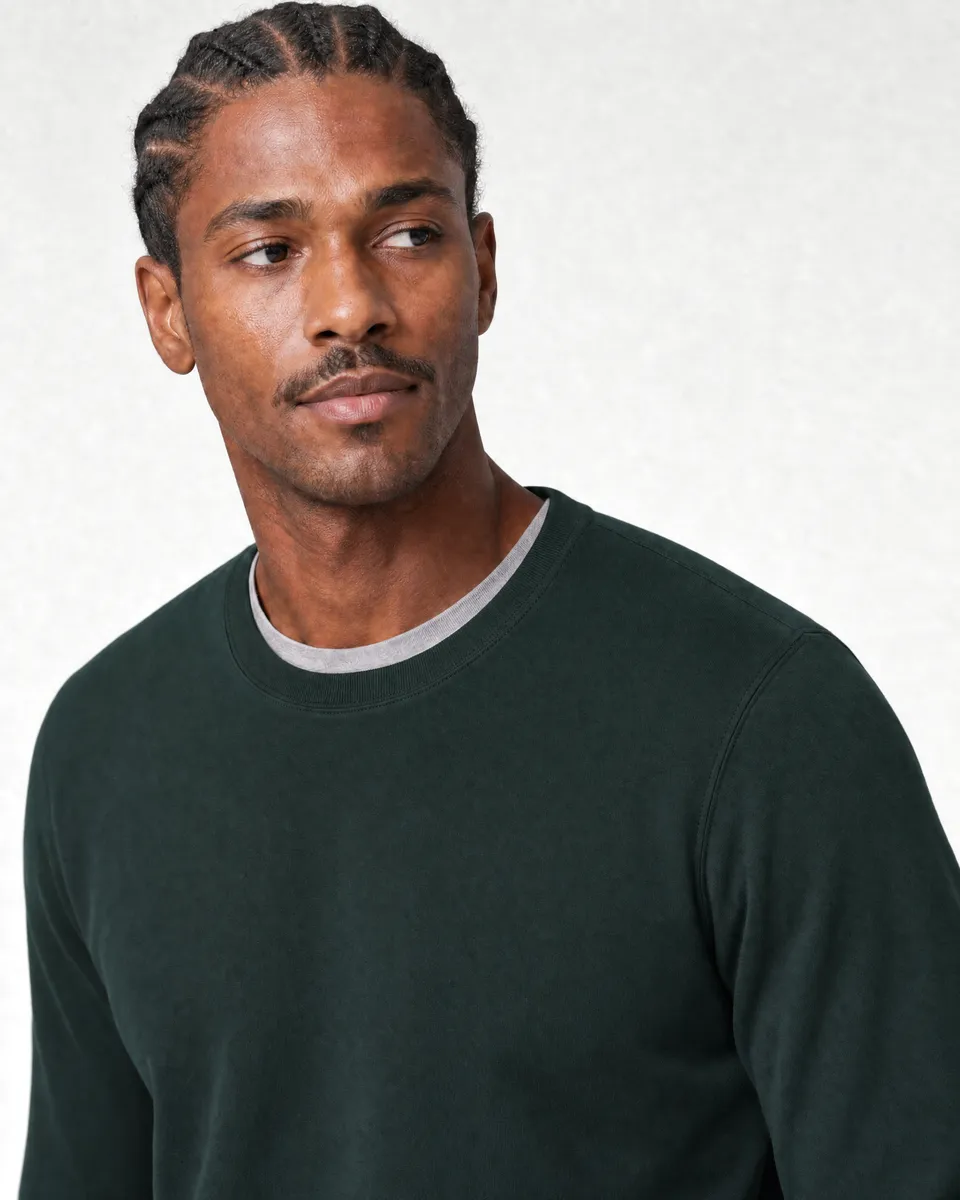 StringKing Men's Pima Terry Crew Sweatshirt - Sharp Fit, Pine Grove, Collar Shoulder - Human Model