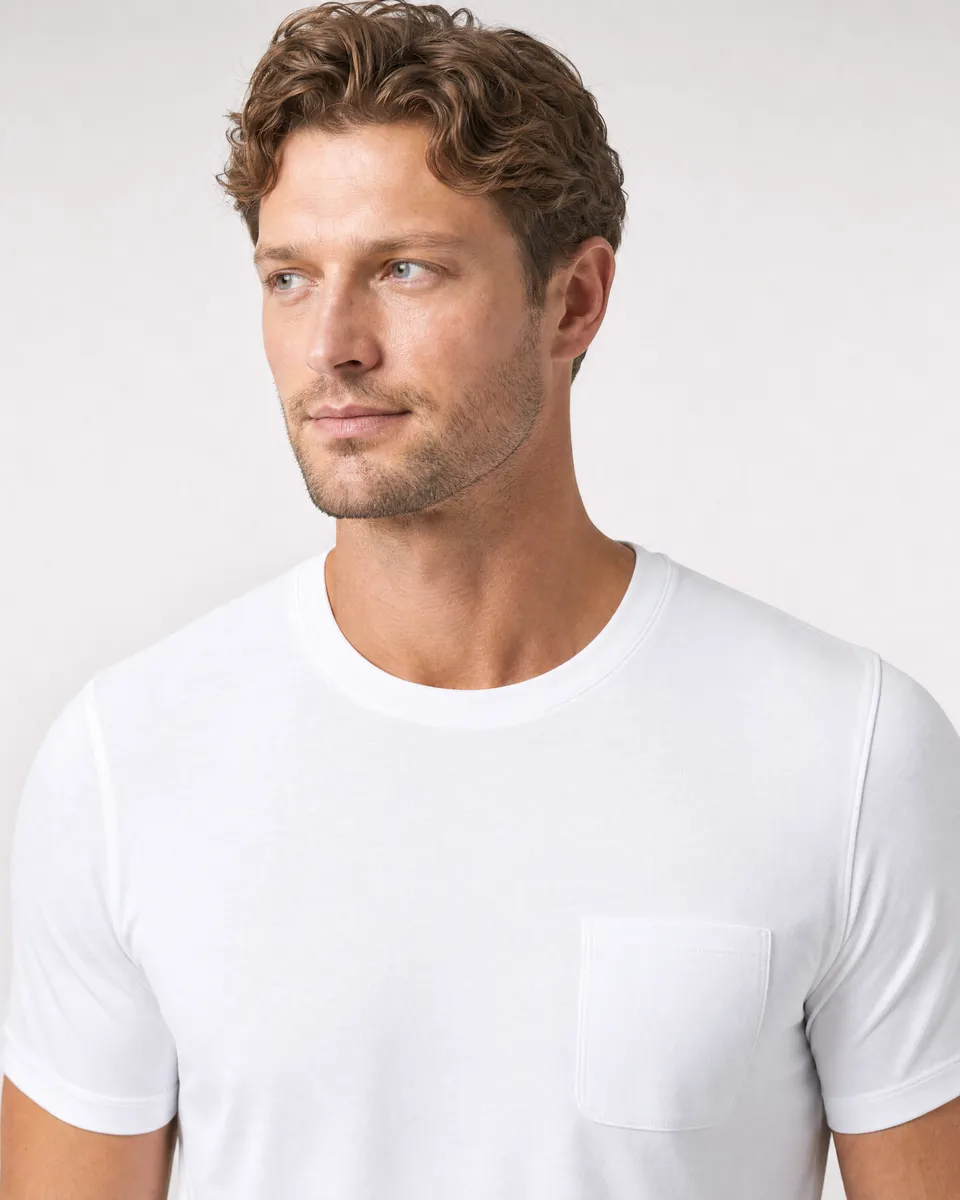 StringKing Men's Pima Jersey Pocket Tee - Sharp Fit, White, Collar Shoulder - Human Model