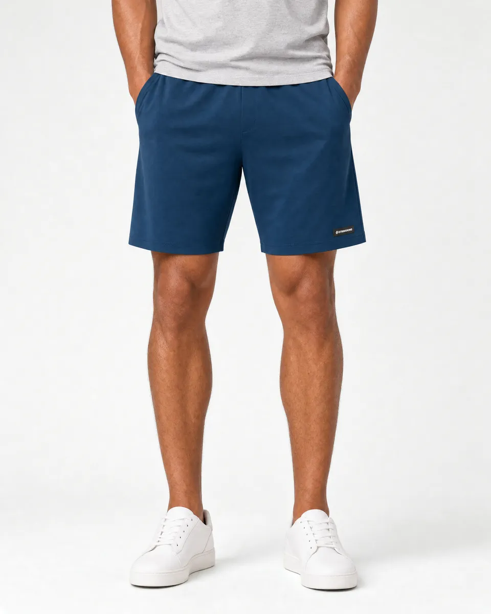 StringKing Men's StayWarm Shorts - Relaxed Fit, Navy Blue, Full Front - Human Model - Waist to Mid-calf