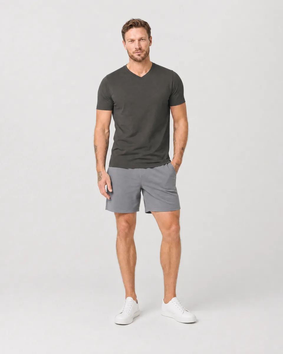 StringKing Men's Pima Jersey V-Neck Tee - Sharp Fit, Peat, Full Front - Human Model