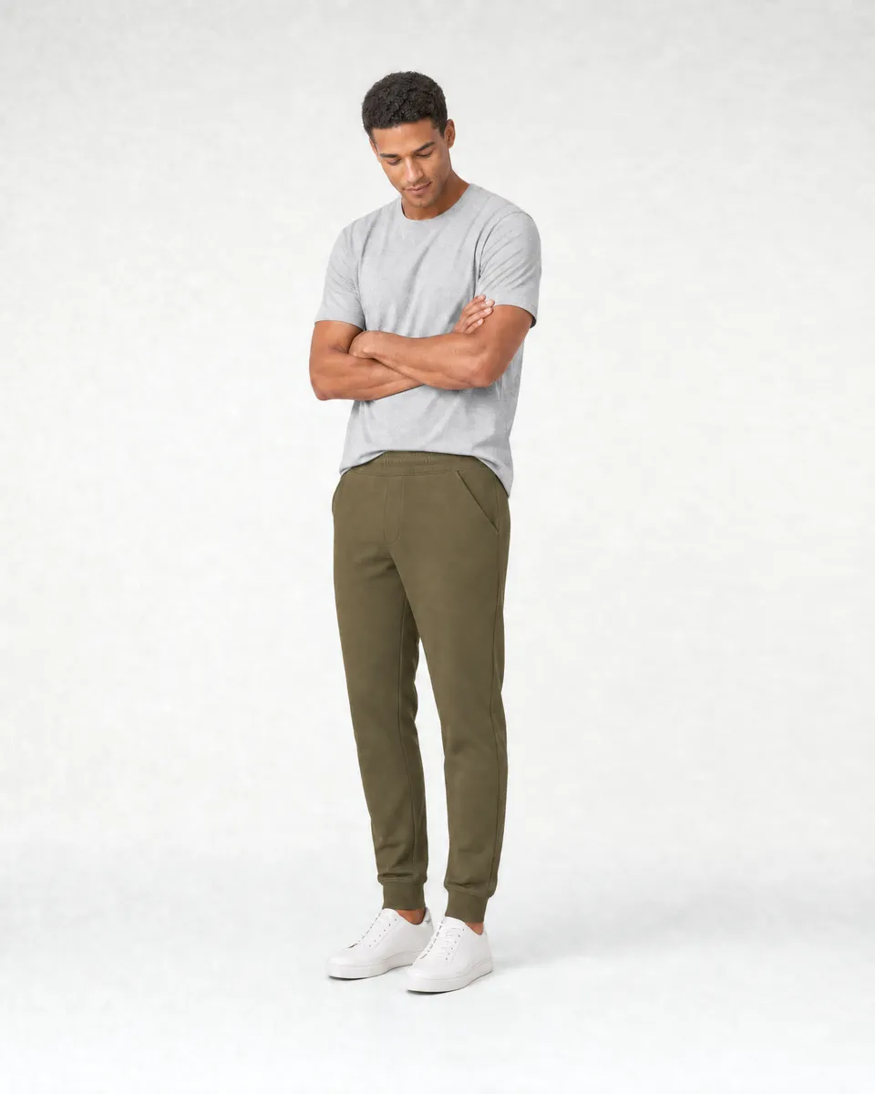 StringKing Men's Pima Terry Sweatpants - Relaxed Fit, Olive Drab, Full Front Angle - Human Model