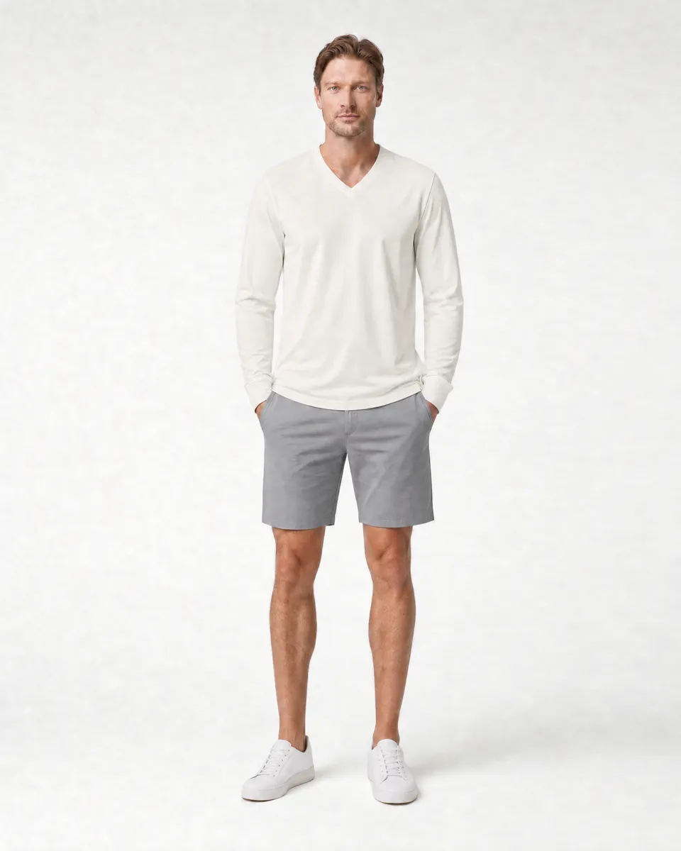 StringKing Men's Pima Jersey Long Sleeve V-Neck Tee - Relaxed Fit, Tofu, Full Front - Human Model