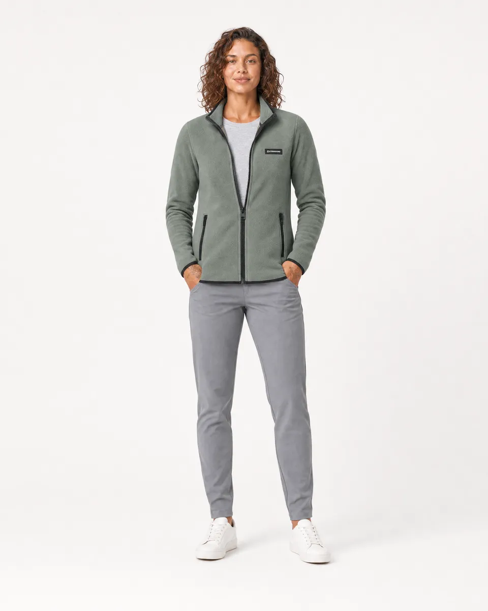 StringKing Women's Polartec Fleece Full Zip with Pockets - Sharp Fit, Avenue Green, Full Front - Human Model