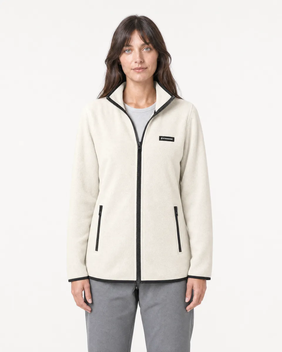 StringKing Women's Polartec Fleece Full Zip with Pockets - Relaxed Fit, Jet Stream, Full Front - Human Model - Top of head to Knees