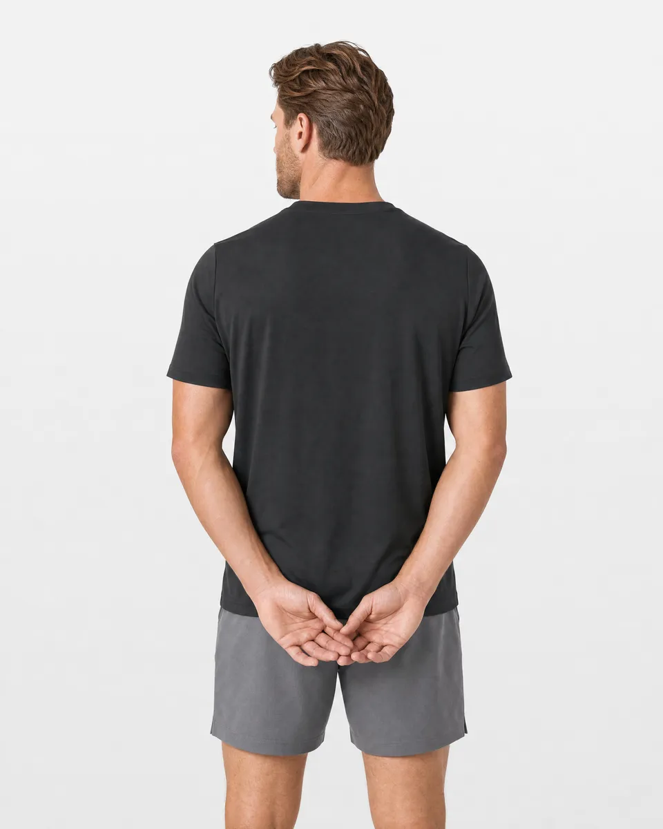 StringKing Men's StayCool Tee - Relaxed Fit, Black, Full Back - Human Model - Top of head to Mid-thigh