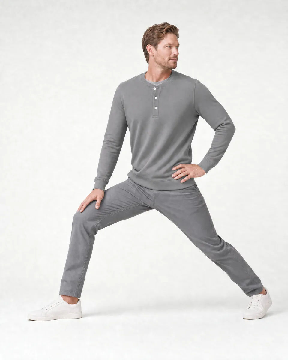 StringKing Men's Pima Terry Henley - Sharp Fit, Frost Gray, Full Front Angle - Human Model