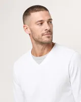 StringKing Men's Pima Terry V-Neck Sweater - Sharp Fit, White, Collar Shoulder - Human Model