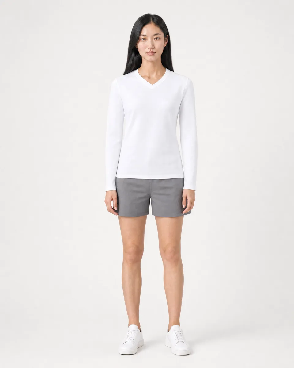 StringKing Women's Pima Terry Long Sleeve V-Neck Tee - Sharp Fit, White, Full Front - Human Model - Top of head to Knees