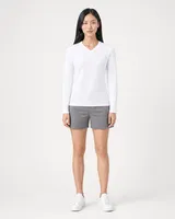 StringKing Women's Pima Terry Long Sleeve V-Neck Tee - Sharp Fit, White, Full Front - Human Model - Top of head to Knees
