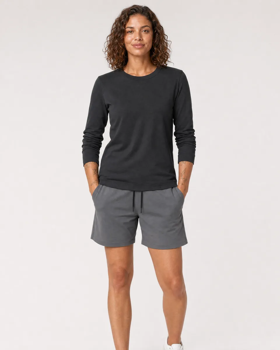 StringKing Women's Pima Jersey Long Sleeve Tee - Sharp Fit, Black, Full Front - Human Model - Top of head to Knees