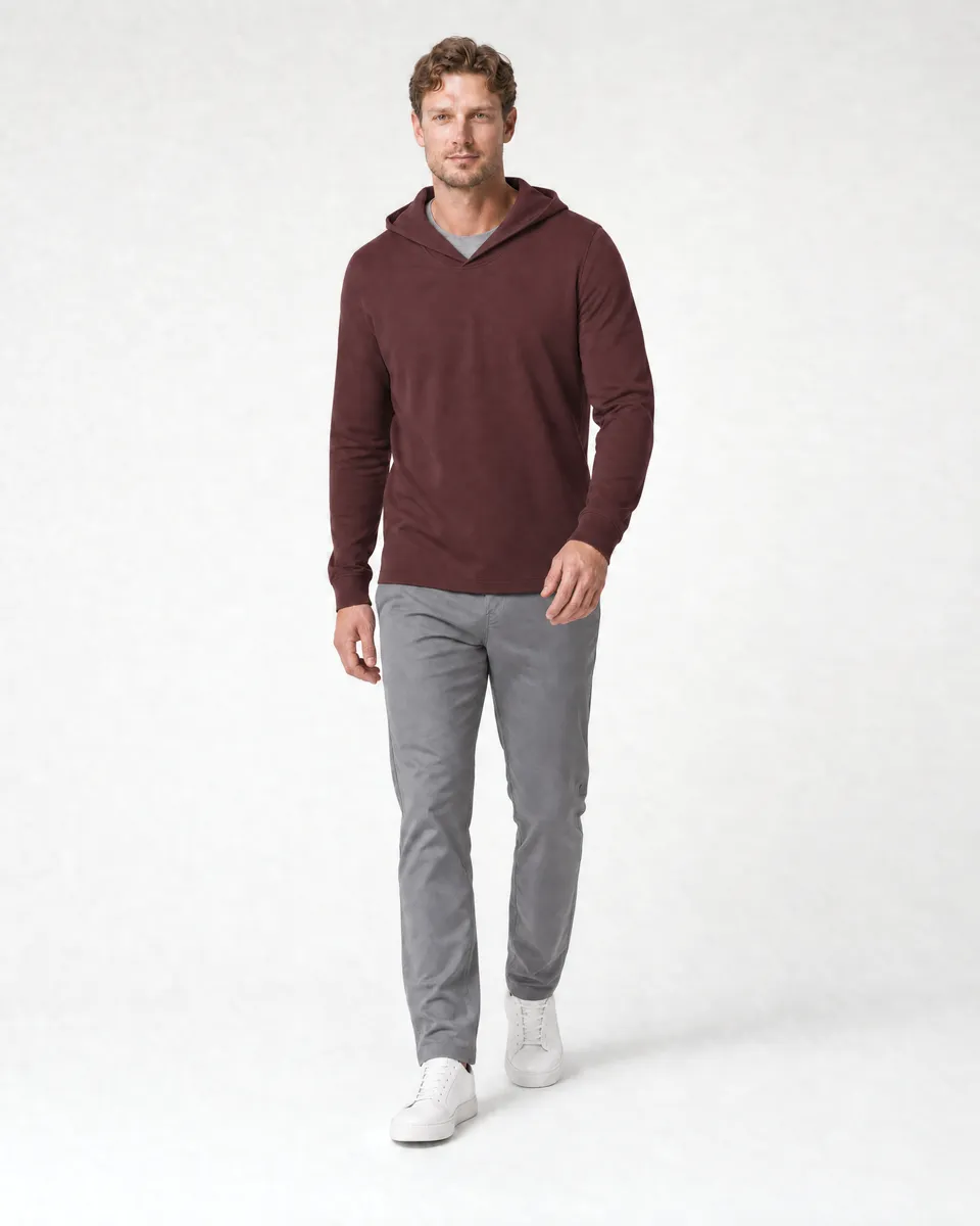 StringKing Men's Pima Jersey Hoodie - Sharp Fit, New Maroon, Full Front Angle - Human Model