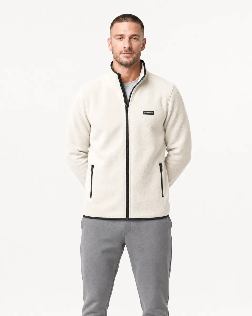StringKing Men's Polartec Fleece Full Zip with Pockets - Sharp Fit, Jet Stream, Full Front - Human Model - Top of head to Knees