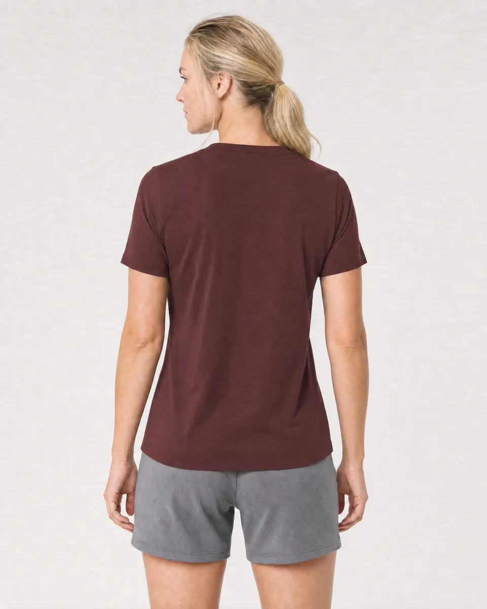 StringKing Women's Pima Jersey V-Neck Tee - Sharp Fit, New Maroon, Full Back - Human Model - Top of head to Mid-thigh