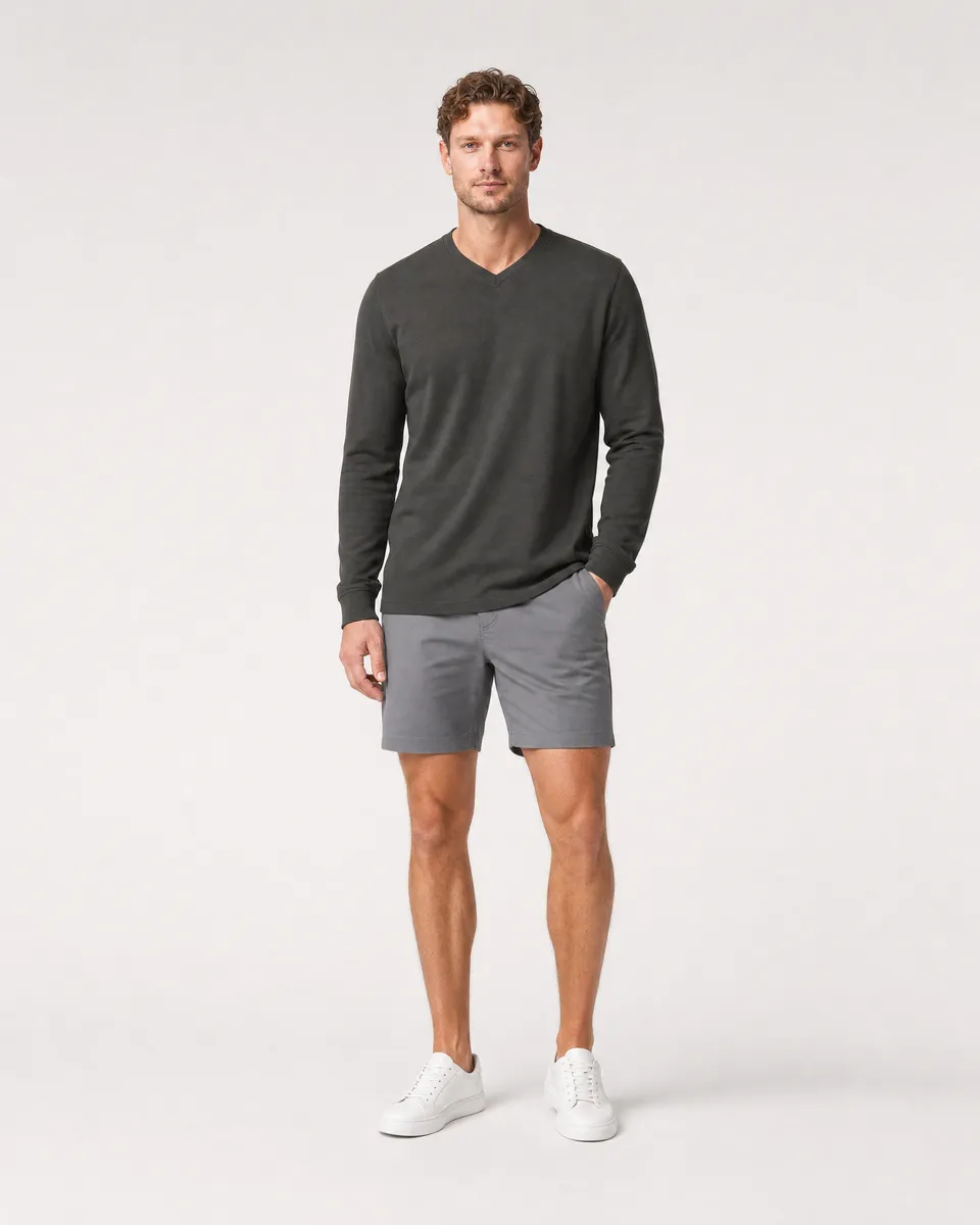 StringKing Men's Pima Terry Long Sleeve V-Neck Tee - Sharp Fit, Peat, Full Front - Human Model