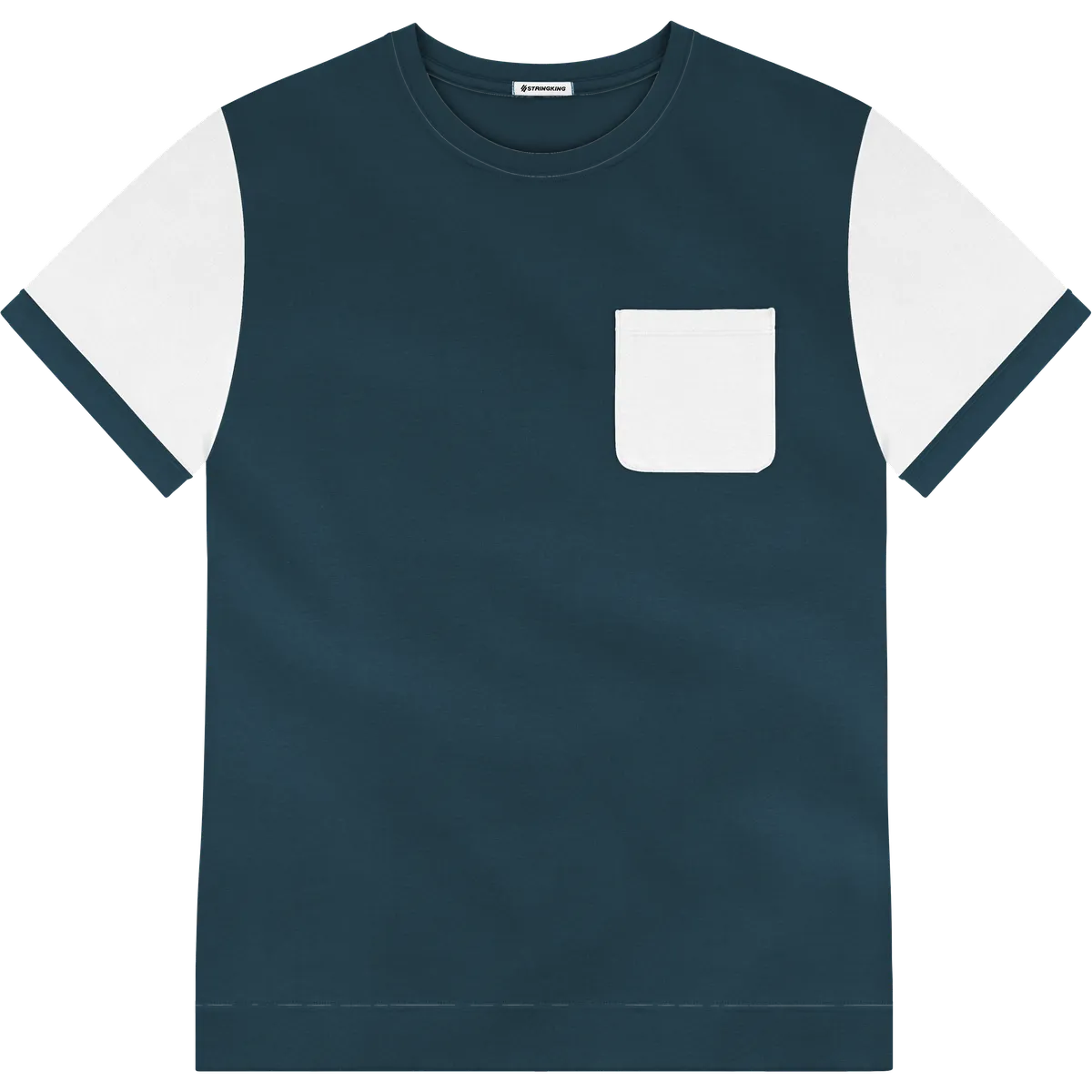 StringKing Men's Pima Jersey Pocket Tee Multi - Relaxed Fit, Navy Main, White Sleeves, Navy Cuffs, Front