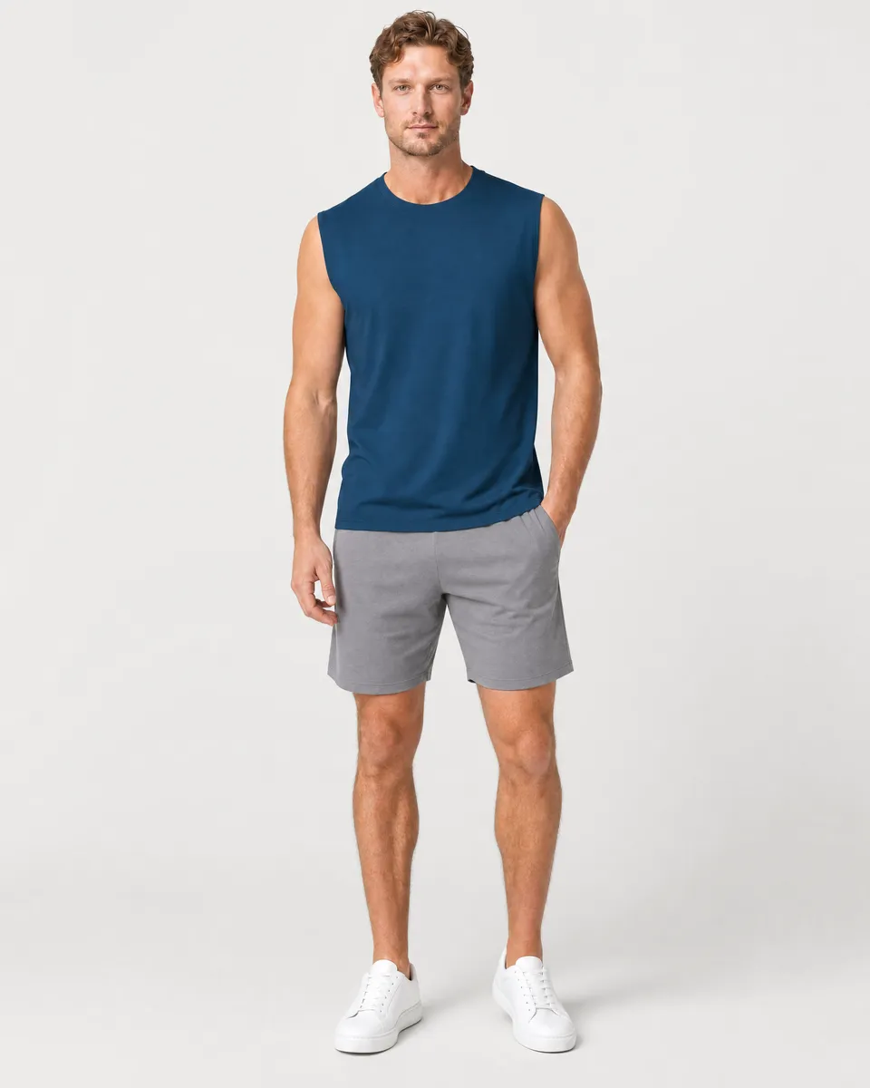StringKing Men's StayWarm Tank Top - Sharp Fit, Navy Blue, Full Front - Human Model - Top of head to Knees