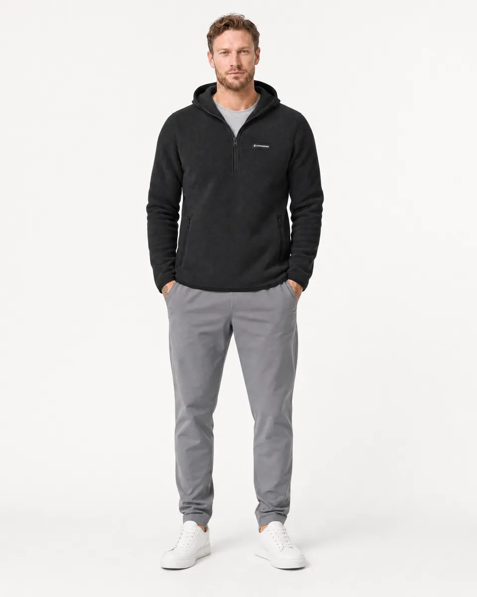 StringKing Men's Polartec Fleece Quarter Zip Hoodie with Pockets - Sharp Fit, Meteorite, Full Front - Human Model - Top of head to Knees