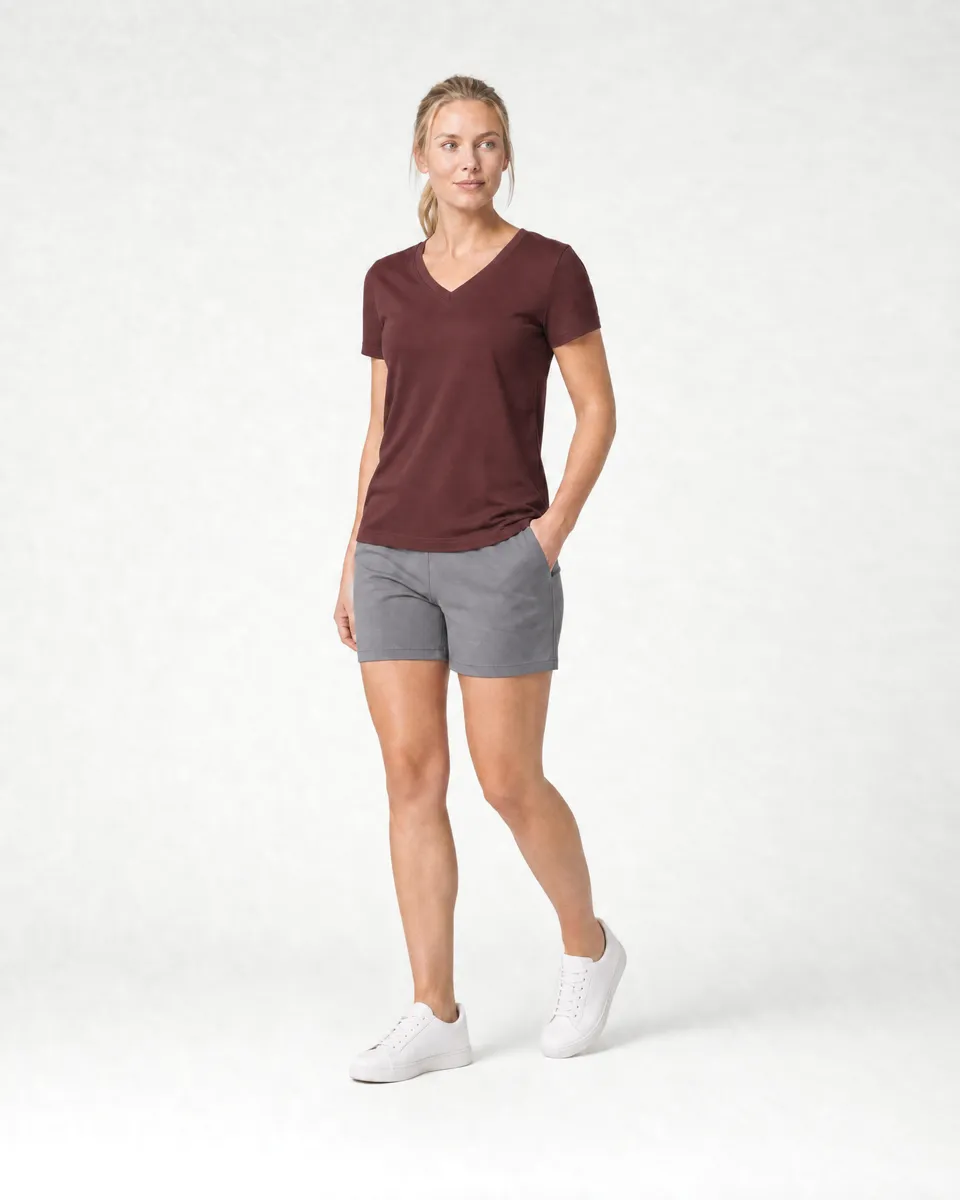 StringKing Women's Pima Jersey V-Neck Tee - Sharp Fit, New Maroon, Full Front Angle - Human Model